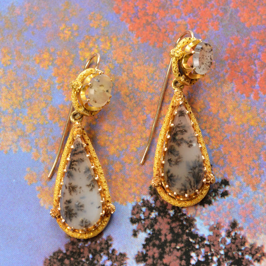 Antique Victorian Dendritic Agate and 14k Gold Drop Earrings