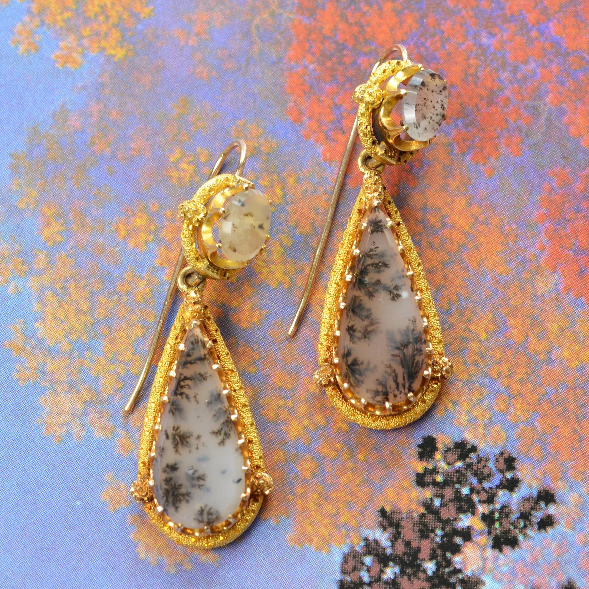Antique Victorian Dendritic Agate and 14k Gold Drop Earrings