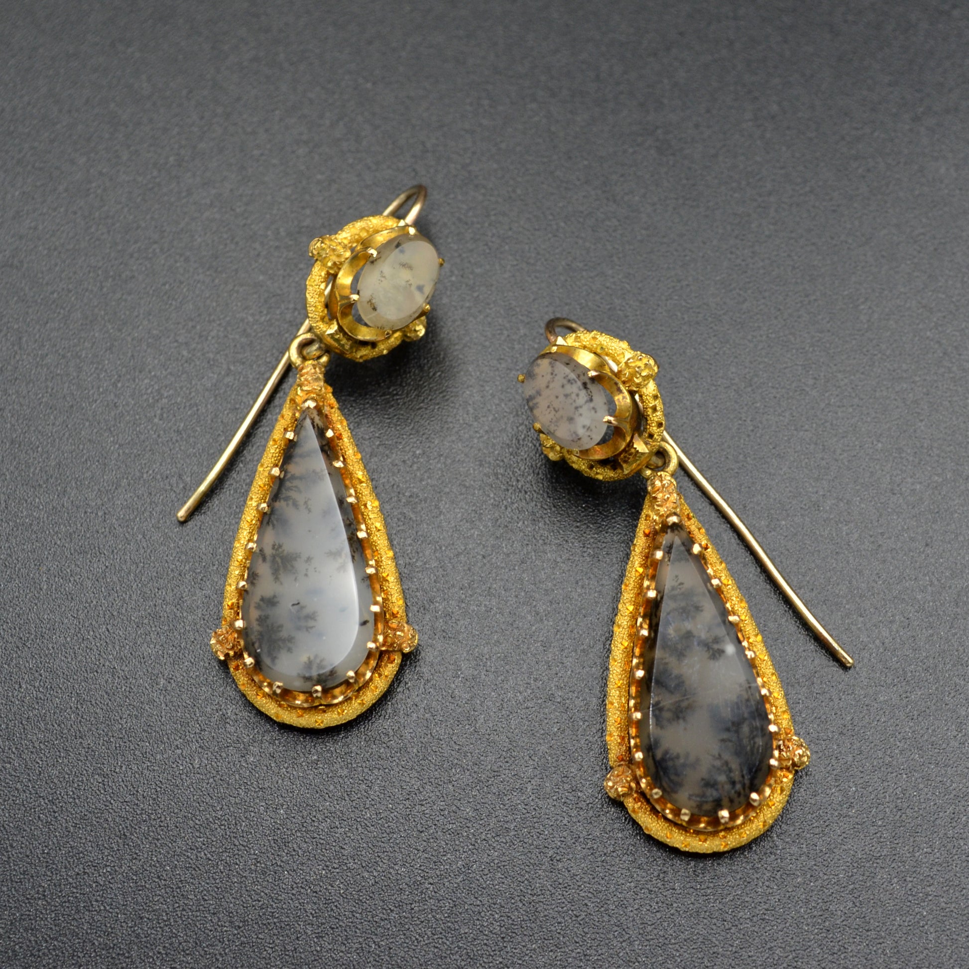 Antique Victorian Dendritic Agate and 14k Gold Drop Earrings