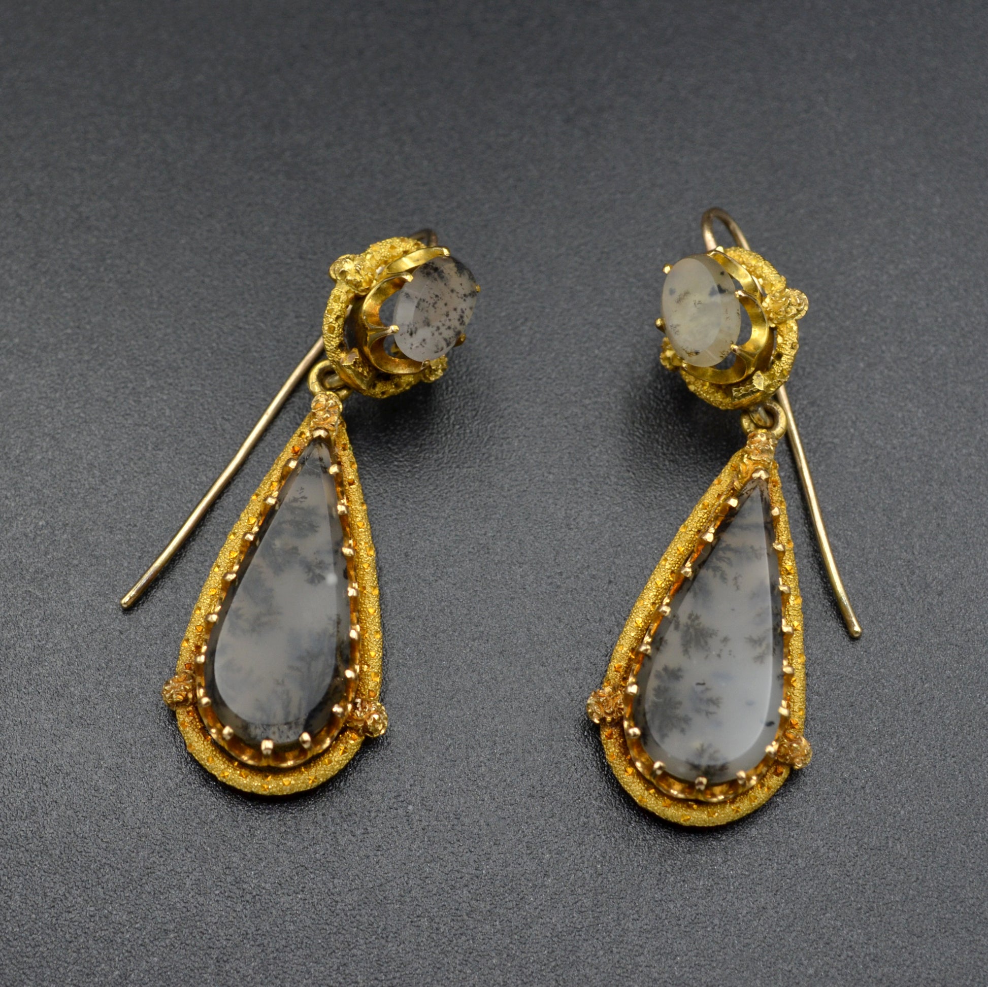 Antique Victorian Dendritic Agate and 14k Gold Drop Earrings