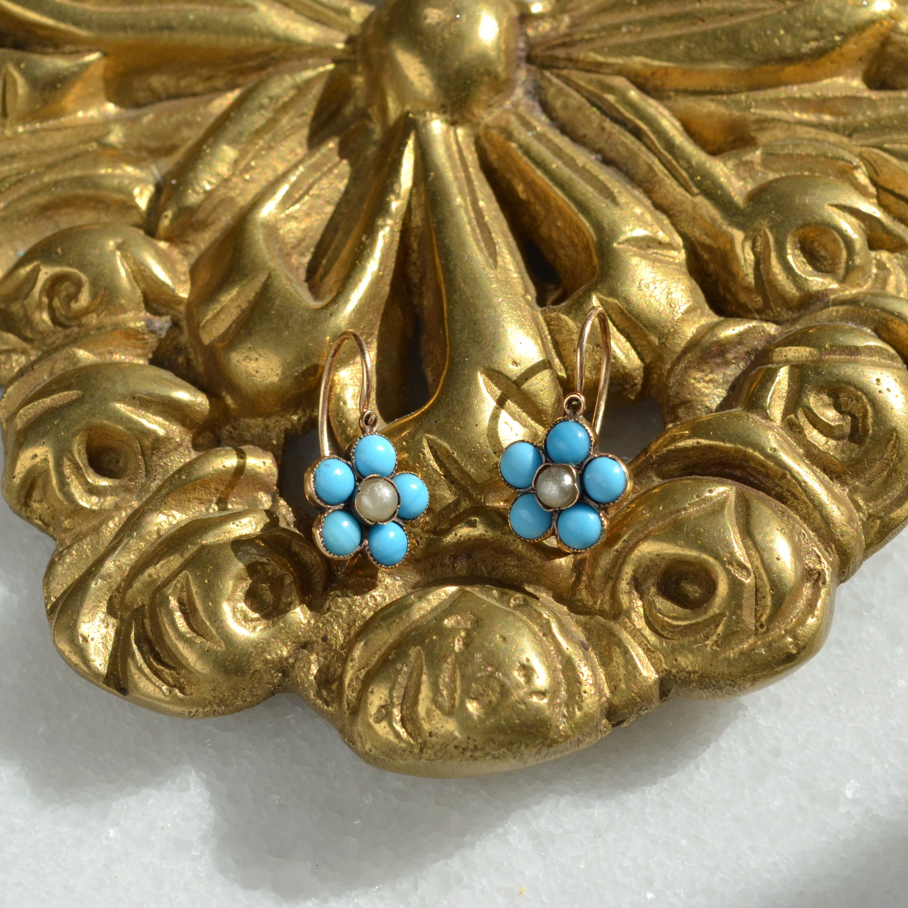 Antique Turquoise Glass, Pearl and 14k Gold Dormeuse Flower Earrings