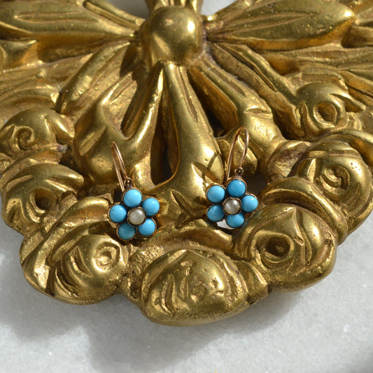 Antique Turquoise Glass, Pearl and 14k Gold Dormeuse Flower Earrings