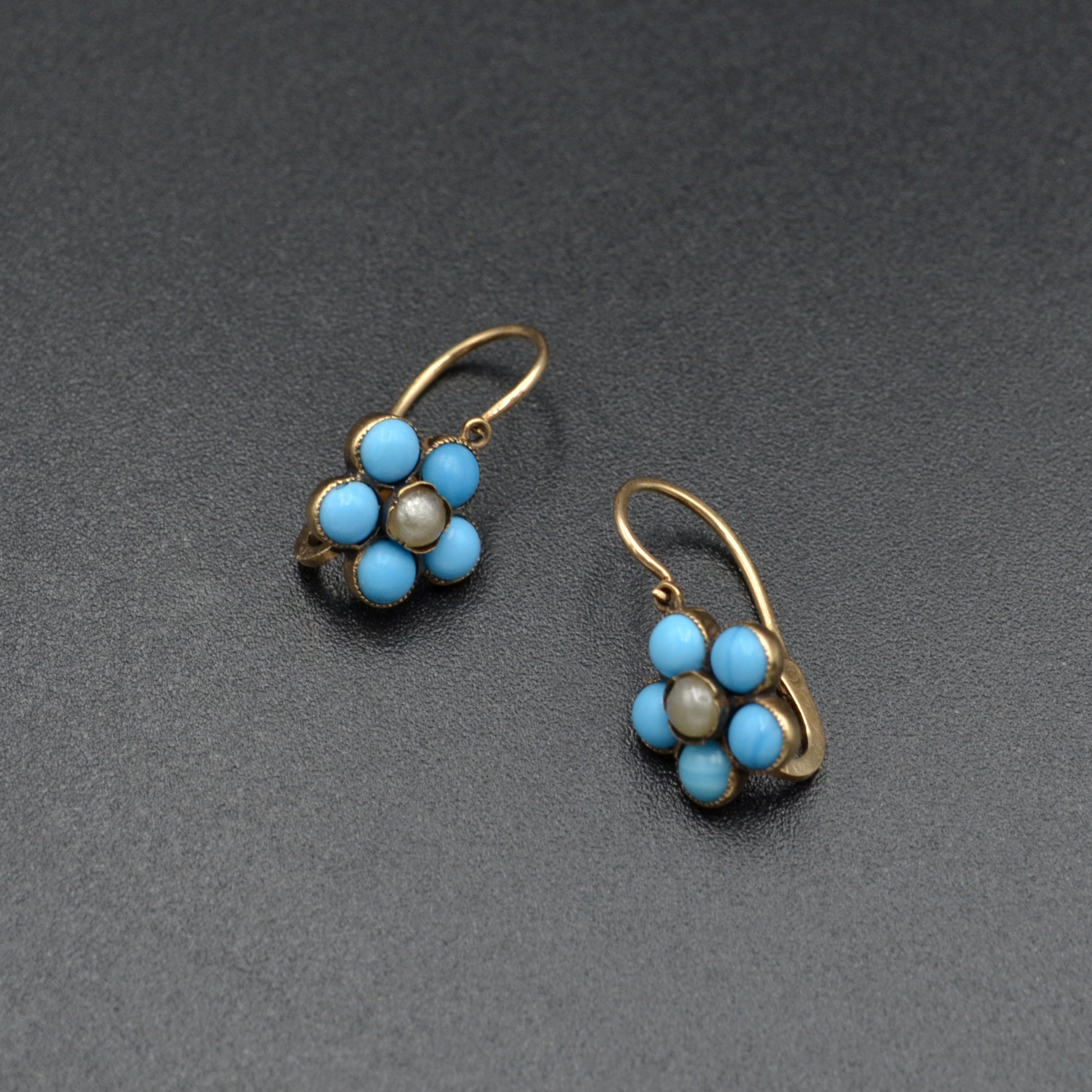 Antique Turquoise Glass, Pearl and 14k Gold Dormeuse Flower Earrings