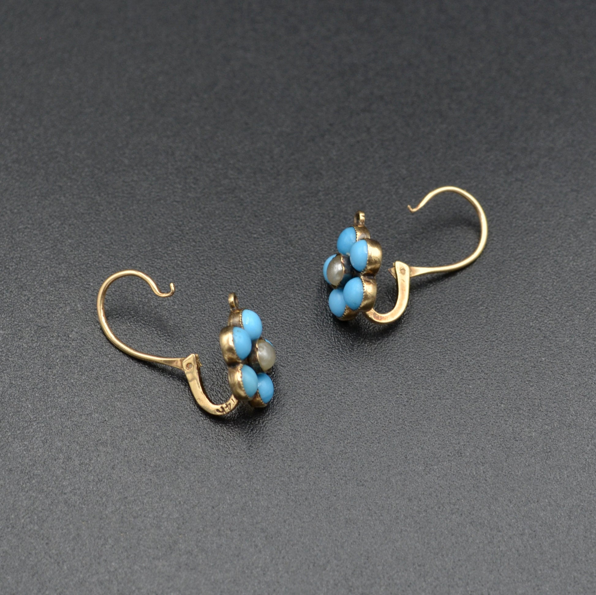 Antique Turquoise Glass, Pearl and 14k Gold Dormeuse Flower Earrings