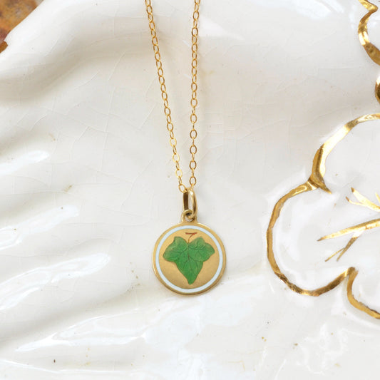 Antique Enamel Ivy Leaf and 18k Gold Necklace