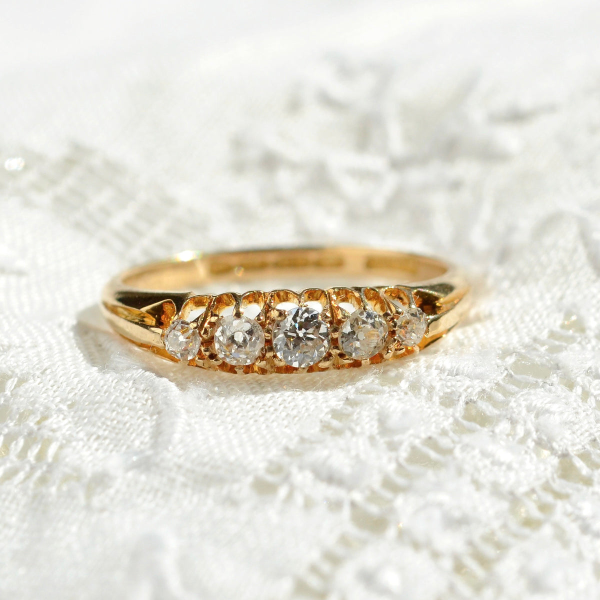 Antique Five Stone Old European Cut Diamond and 18 Karat Gold Ring