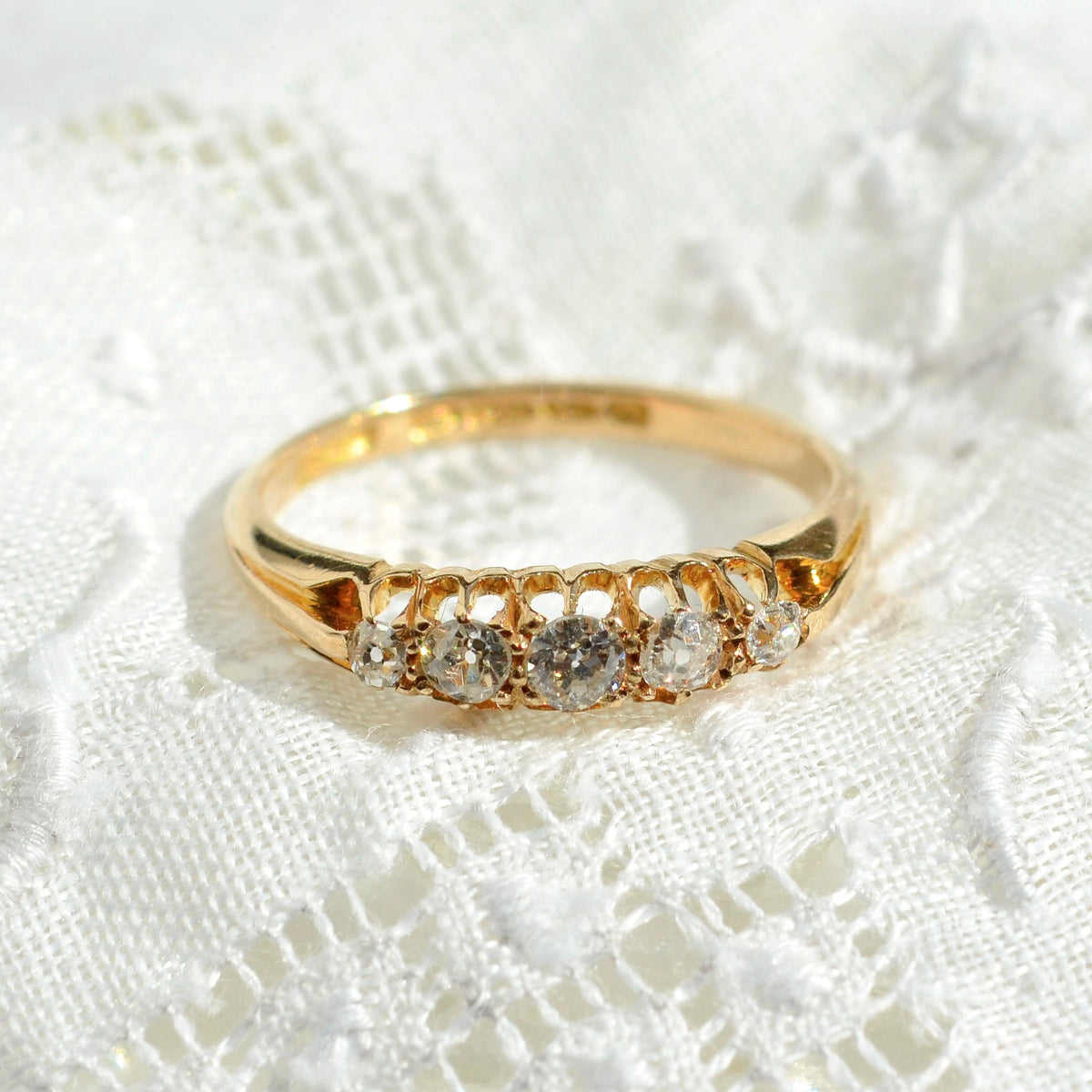 Antique Five Stone Old European Cut Diamond and 18 Karat Gold Ring