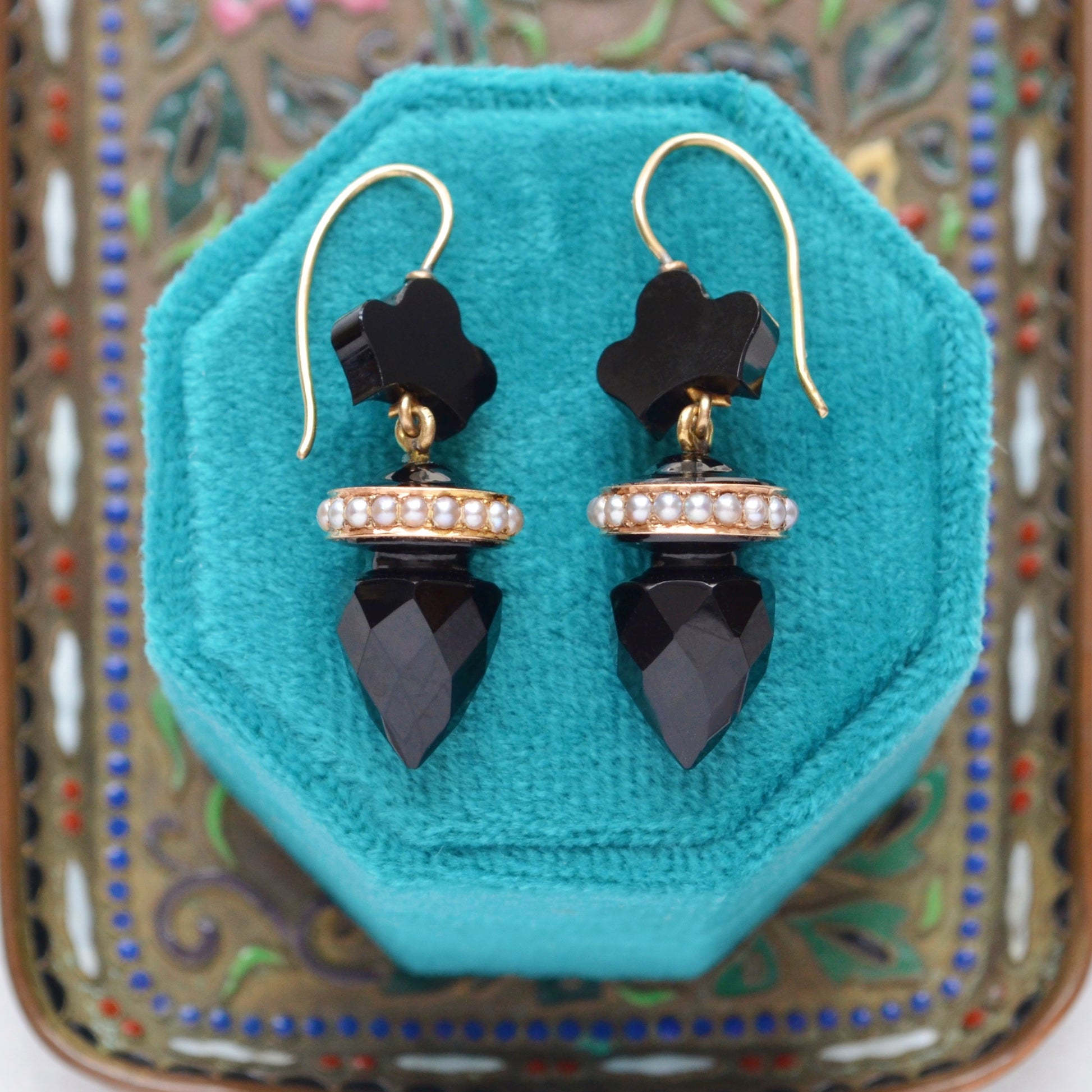 Antique Black Onyx, Seed Pearl And 14k Gold Mourning Earrings