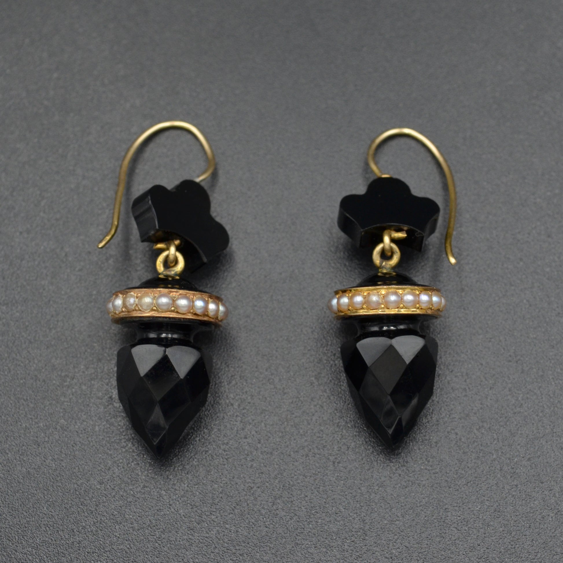 Antique Black Onyx, Seed Pearl And 14k Gold Mourning Earrings