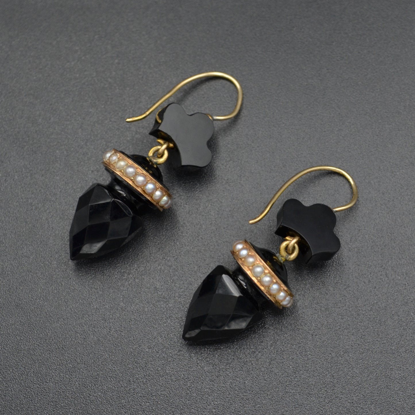 Antique Black Onyx, Seed Pearl And 14k Gold Mourning Earrings