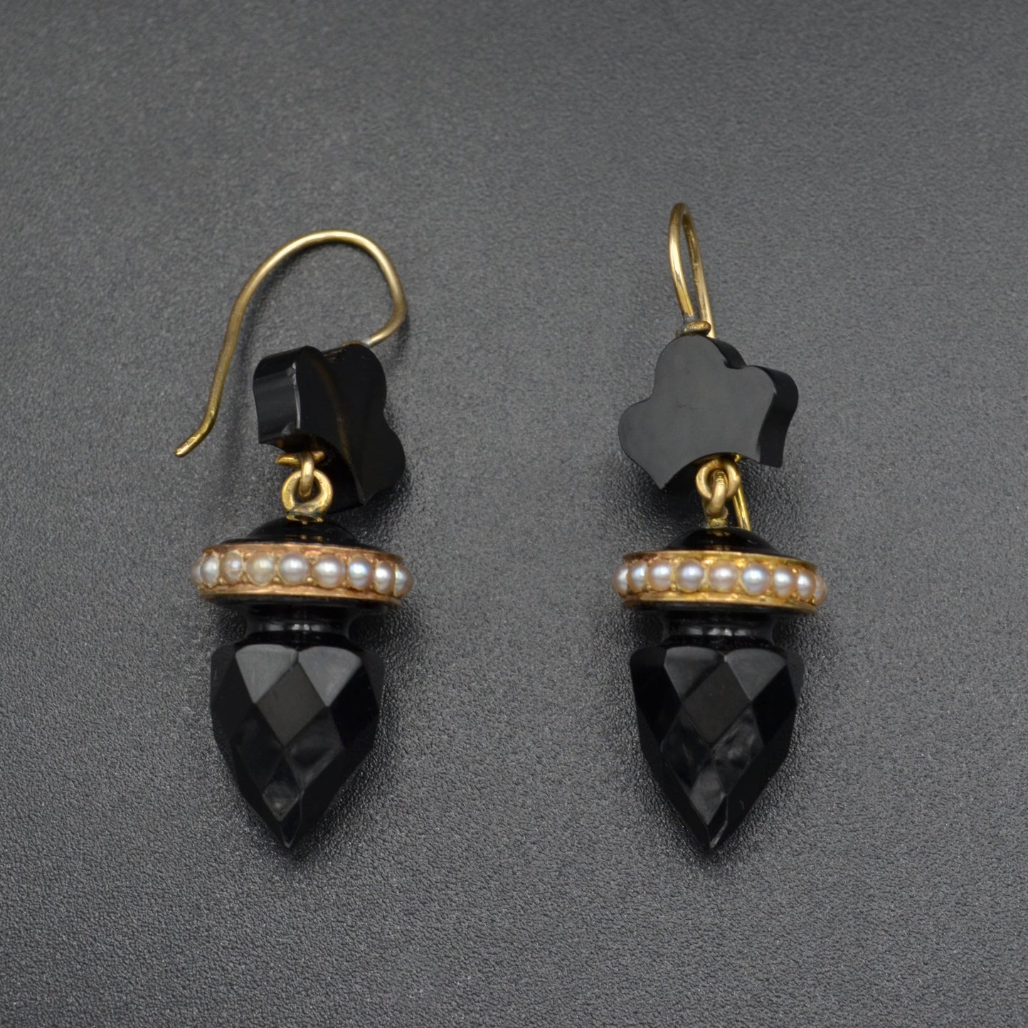 Antique Black Onyx, Seed Pearl And 14k Gold Mourning Earrings