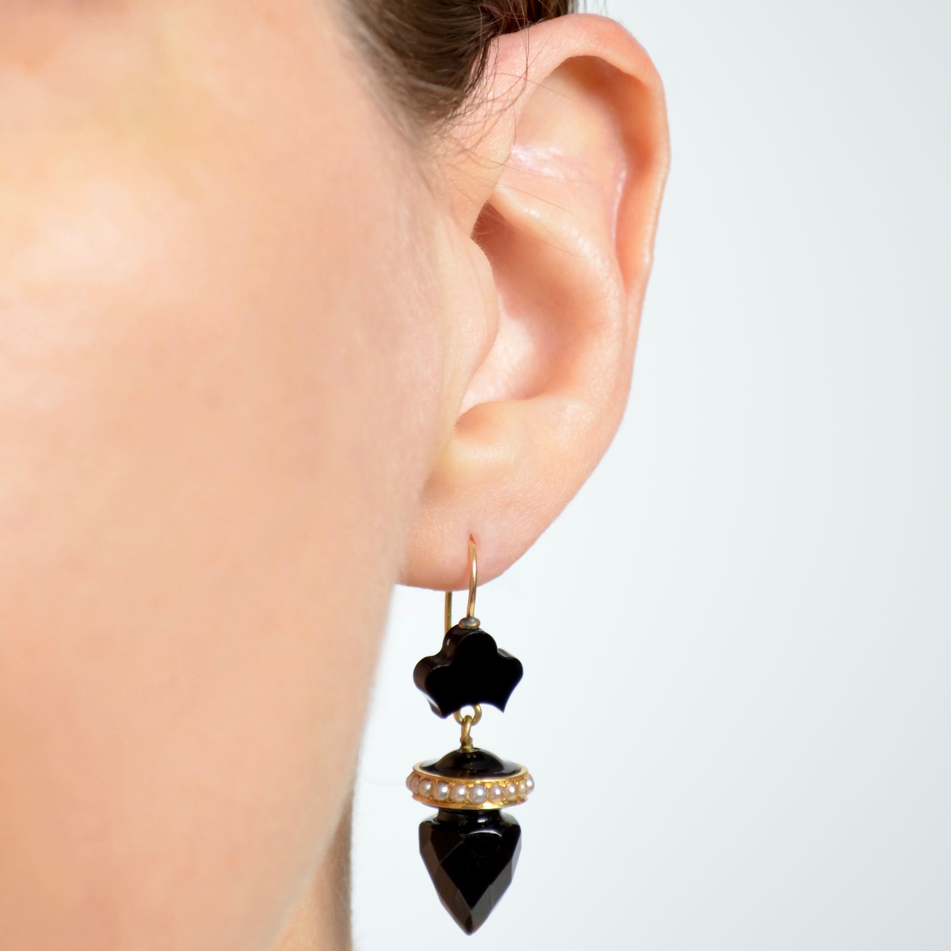 Antique Black Onyx, Seed Pearl And 14k Gold Mourning Earrings