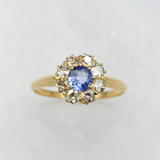 Antique Cornflower Blue Sapphire and Diamond Cluster Ring
