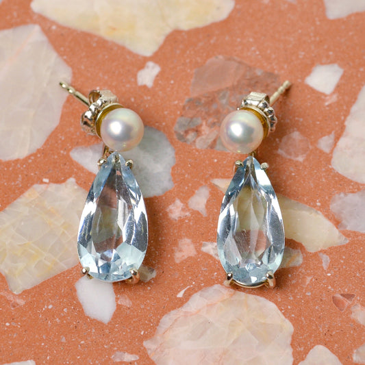 Aquamarine, Pearl and Gold Drop Earrings