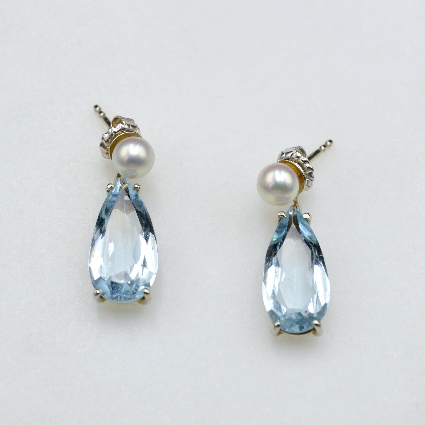 Aquamarine, Pearl and Gold Drop Earrings