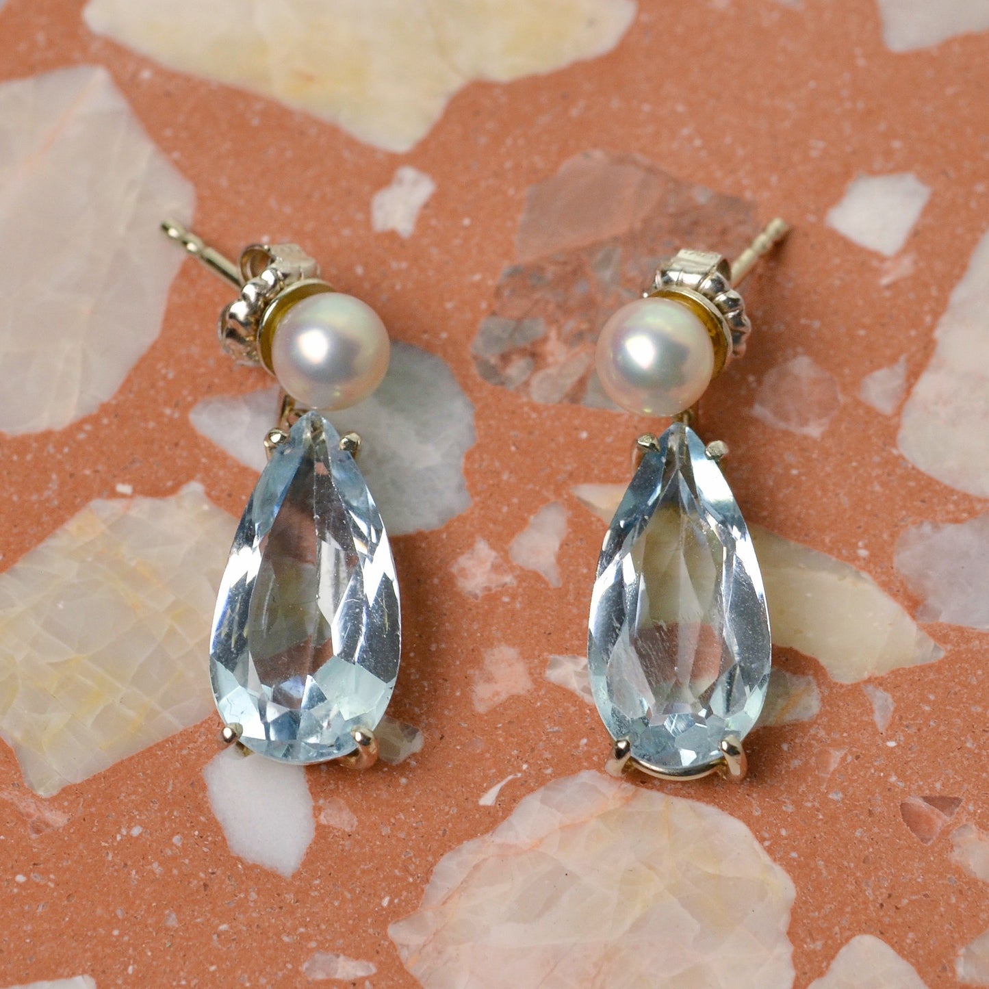 Vintage Aquamarine, Pearl and 14k White Gold Gold Drop Earrings