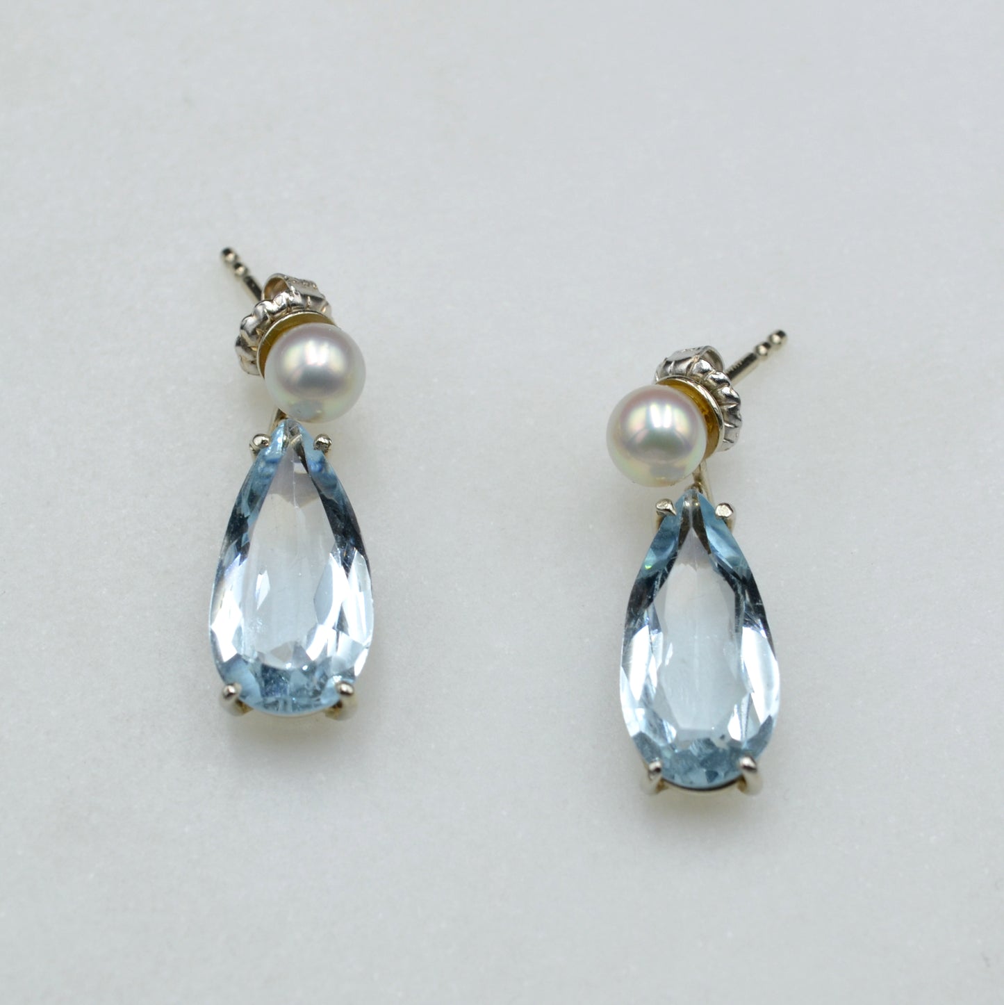 Vintage Aquamarine, Pearl and 14k White Gold Gold Drop Earrings