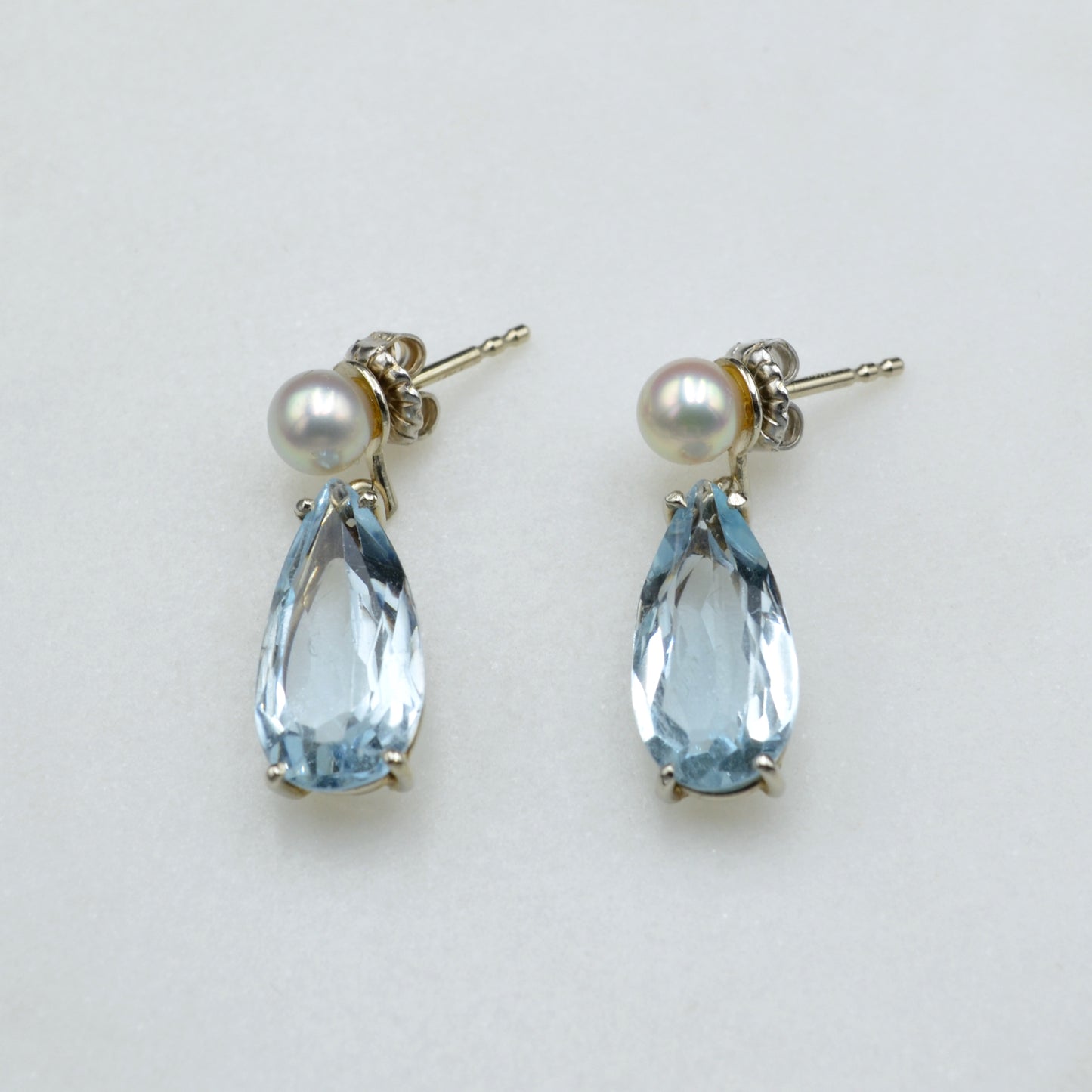 Vintage Aquamarine, Pearl and 14k White Gold Gold Drop Earrings