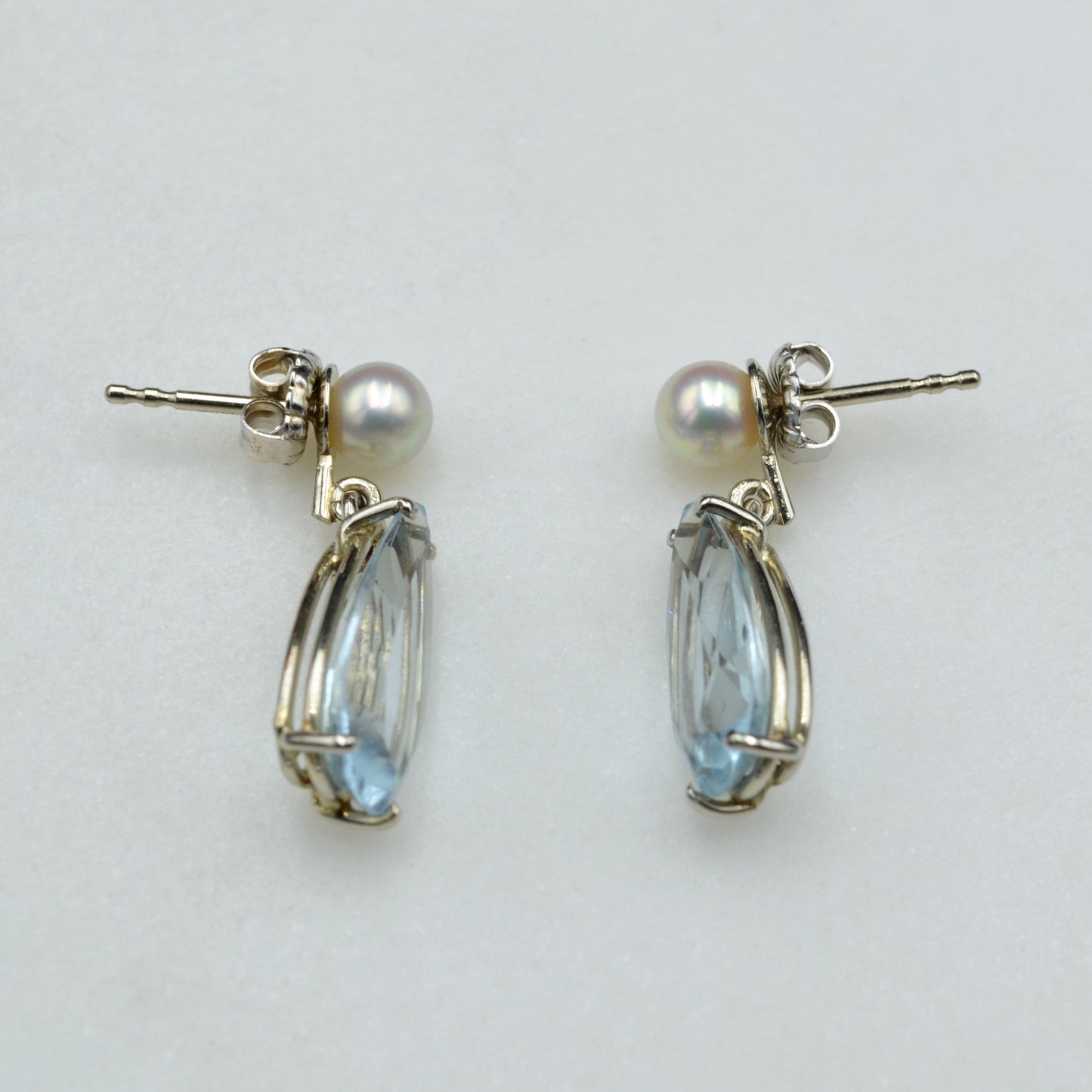 Vintage Aquamarine, Pearl and 14k White Gold Gold Drop Earrings