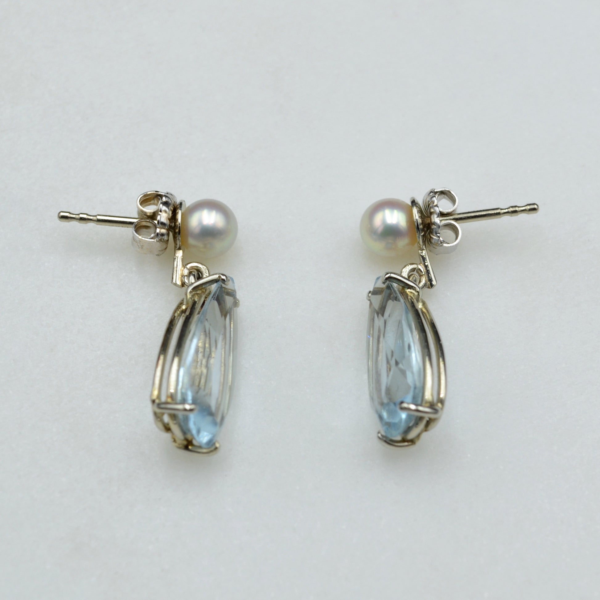 Vintage Aquamarine, Pearl and 14k White Gold Gold Drop Earrings