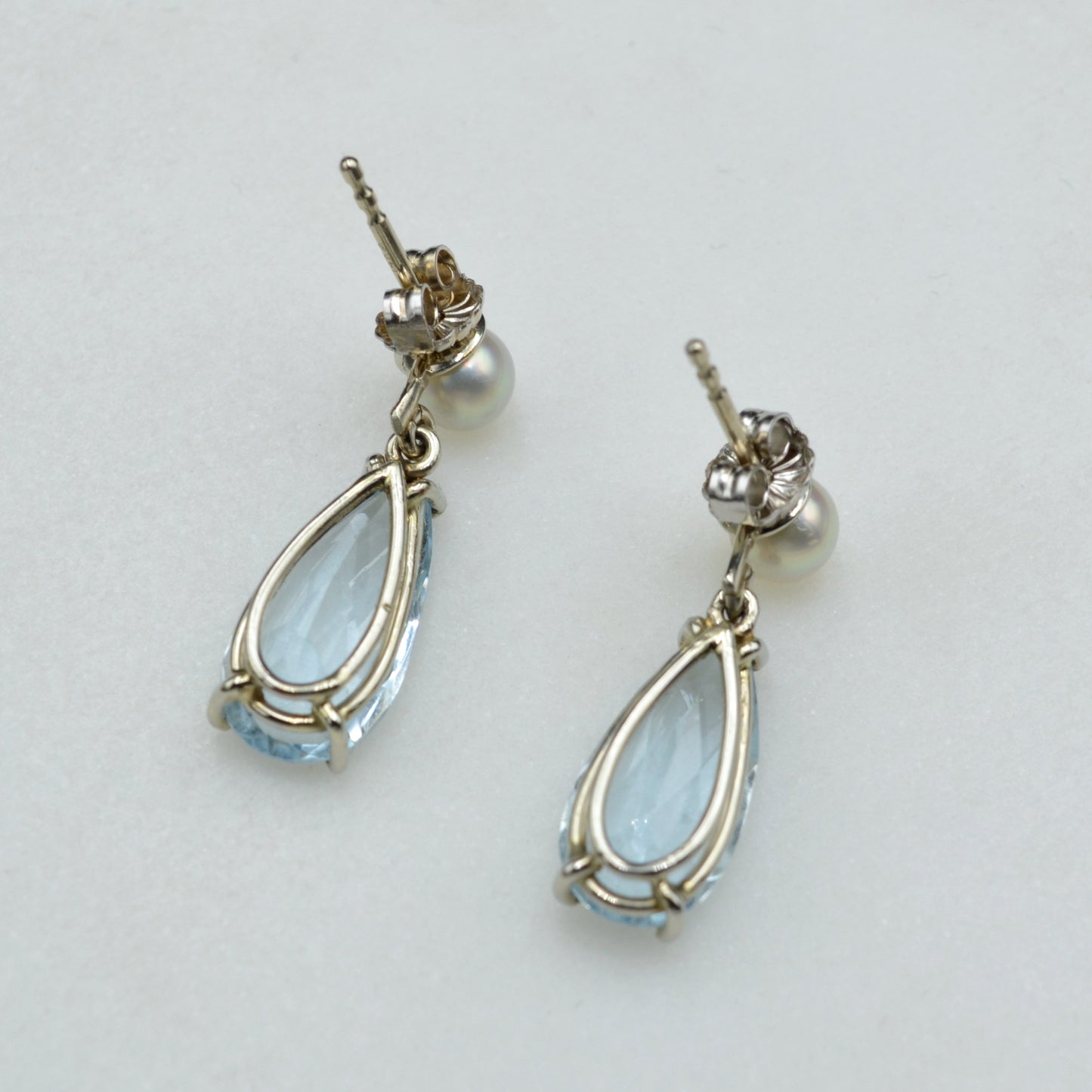 Vintage Aquamarine, Pearl and 14k White Gold Gold Drop Earrings