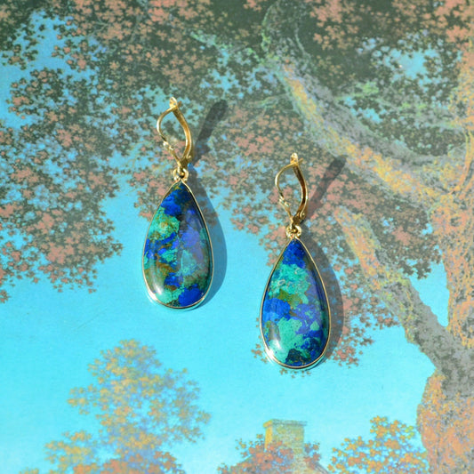 Vintage Azurite Malachite and 14k Gold Drop Earrings