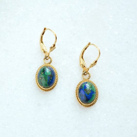 Vintage Azurite Malachite 14k Gold Drop Earrings