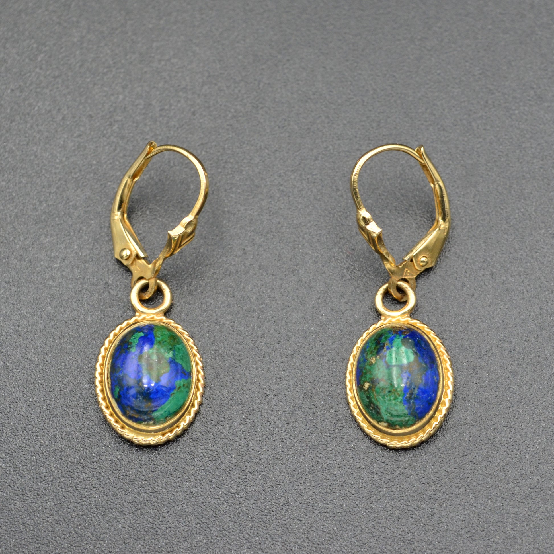 Vintage Azurite Malachite 14k Gold Drop Earrings