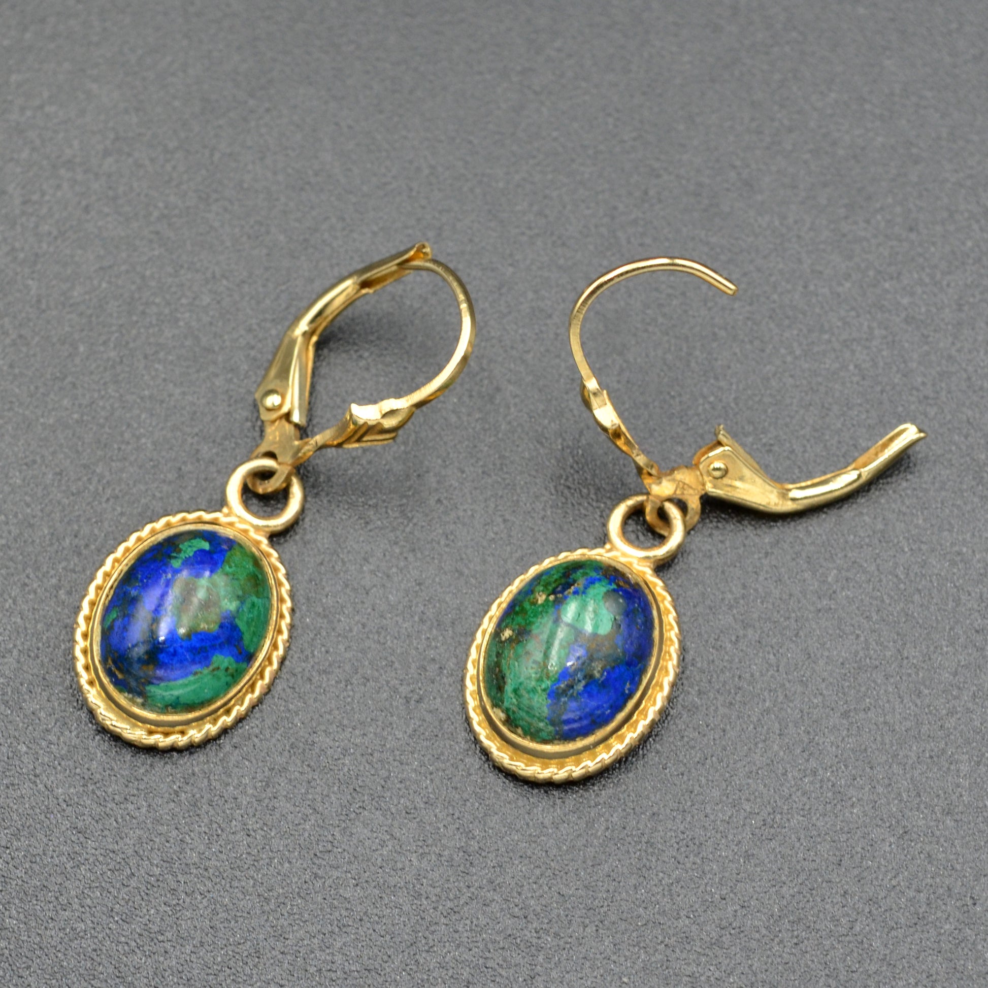 Vintage Azurite Malachite 14k Gold Drop Earrings