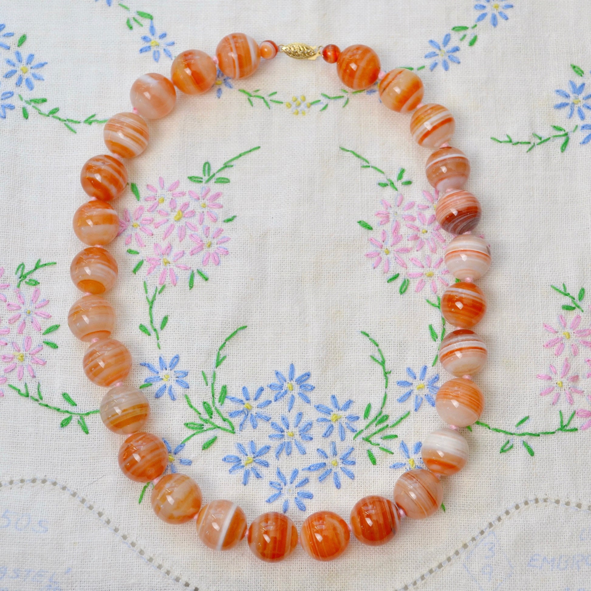 Vintage Banded Agate and 14k Gold Beaded Necklace