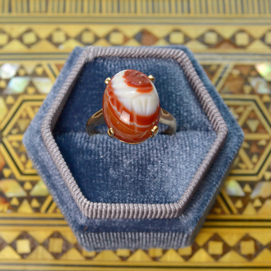 Vintage Banded Agate and 10k Gold Scarab Ring