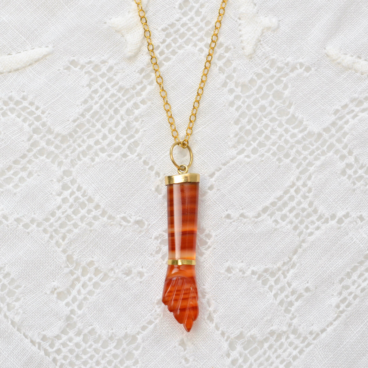 Vintage Carnelian and 14 Karat Gold Mano Figa Necklace