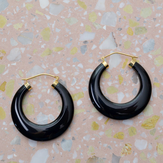 Vintage Chunky Black Onyx and 14k Gold Hoop Earrings