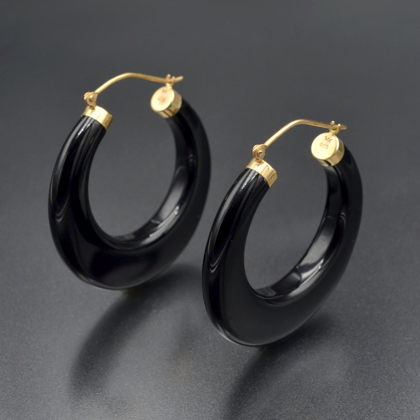 Vintage Chunky Black Onyx and 14k Gold Hoop Earrings
