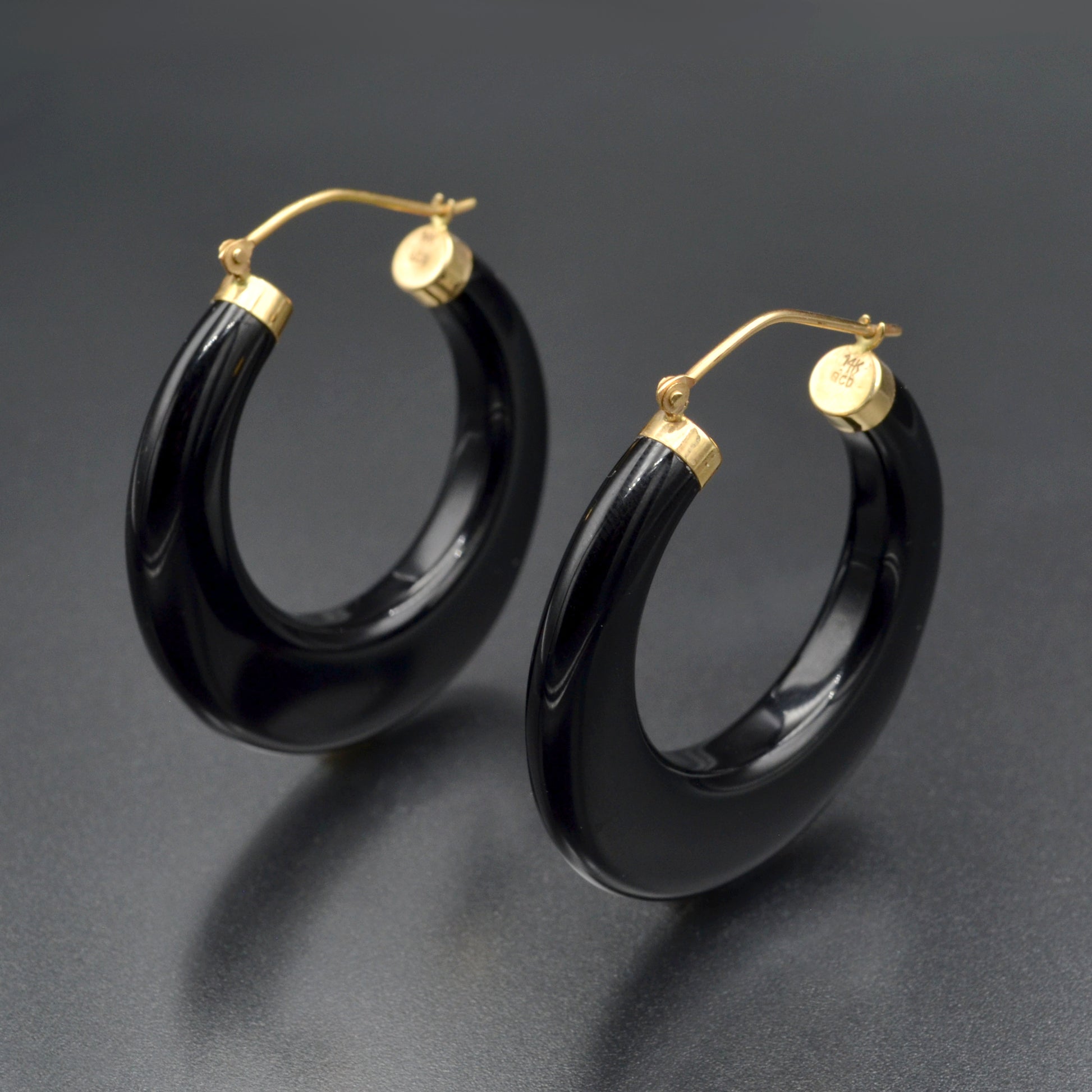 Vintage Chunky Black Onyx and 14k Gold Hoop Earrings