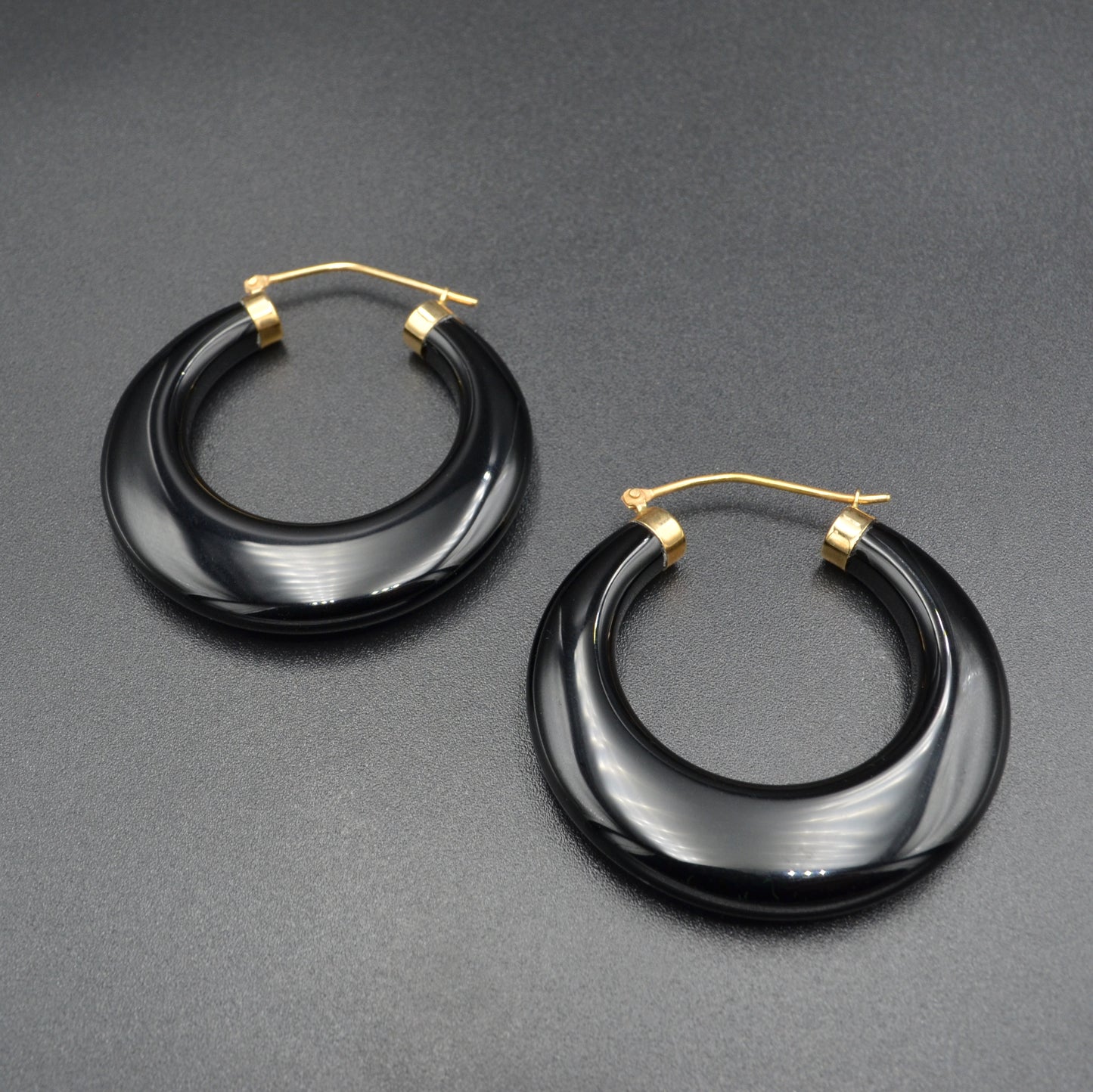 Vintage Chunky Black Onyx and 14k Gold Hoop Earrings