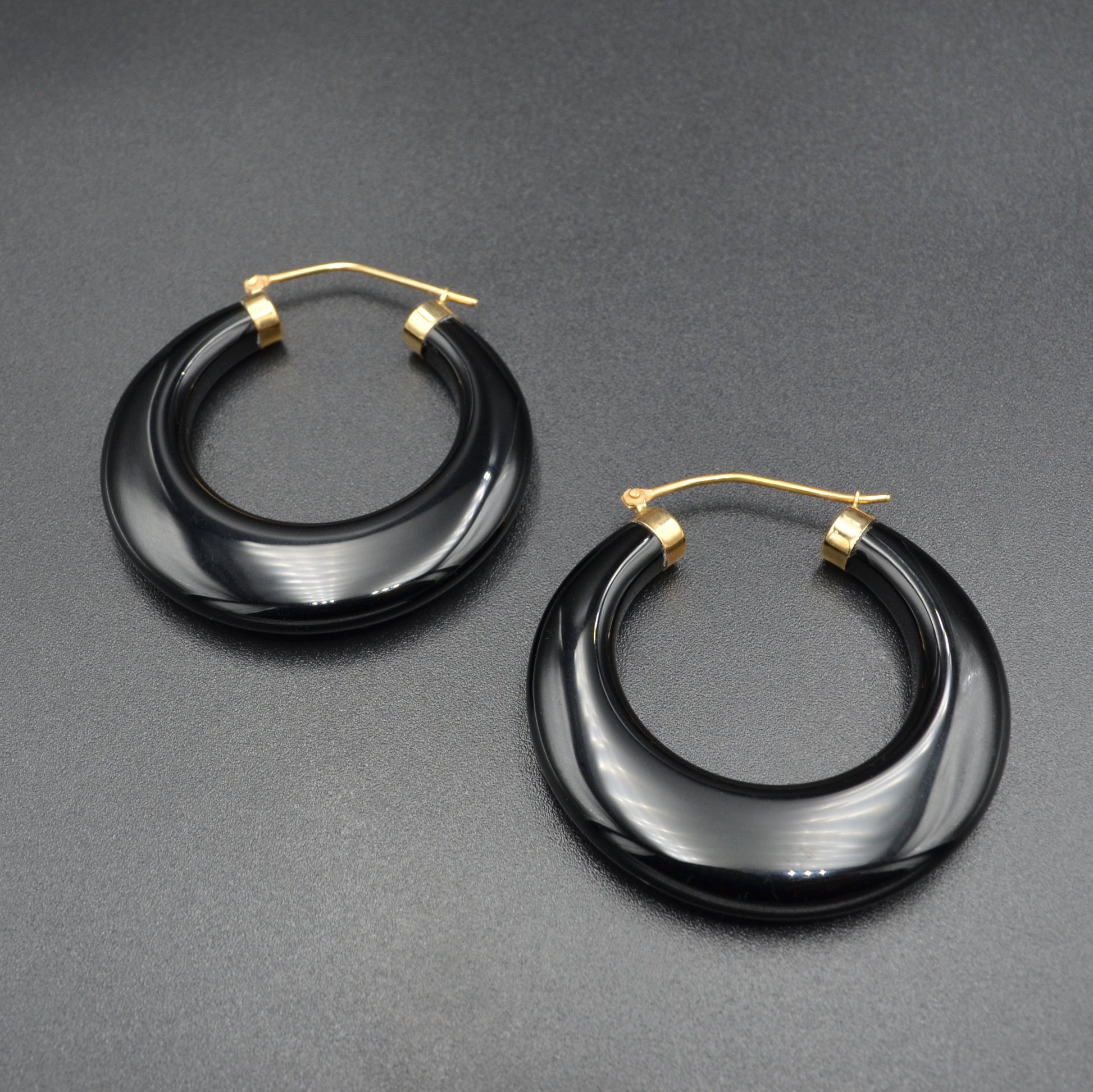 Vintage Chunky Black Onyx and 14k Gold Hoop Earrings