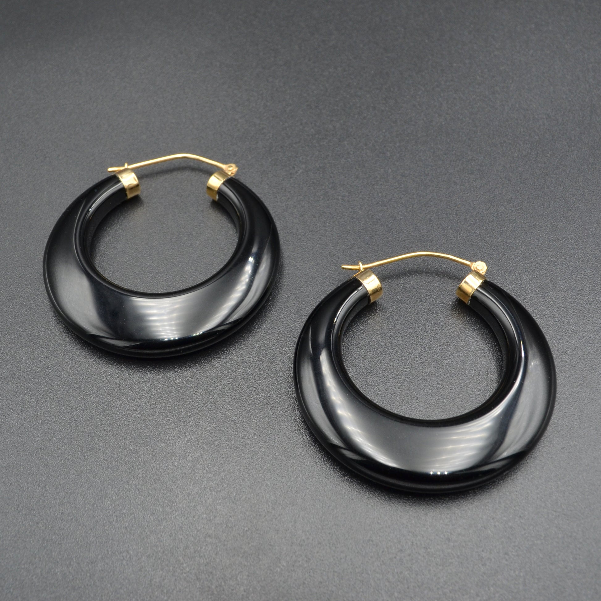 Vintage Chunky Black Onyx and 14k Gold Hoop Earrings