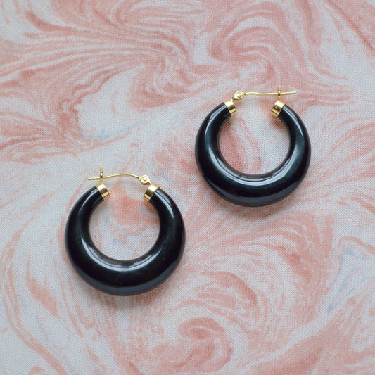 Vintage Chunky Black Onyx and 14k Gold Hoop Earrings