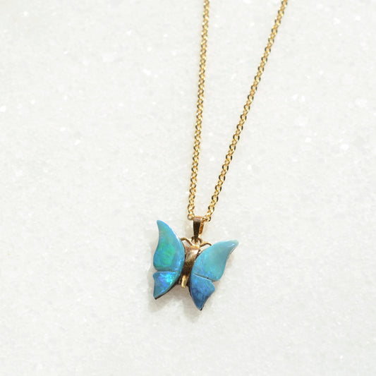 Vintage Blue Opal Butterfly and 14k Gold Necklace