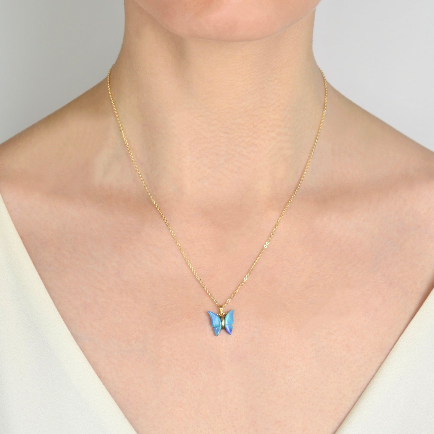 Blue Opal Butterfly and Gold Necklace