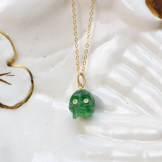 Green Chalcedony and Diamond Skull Necklace