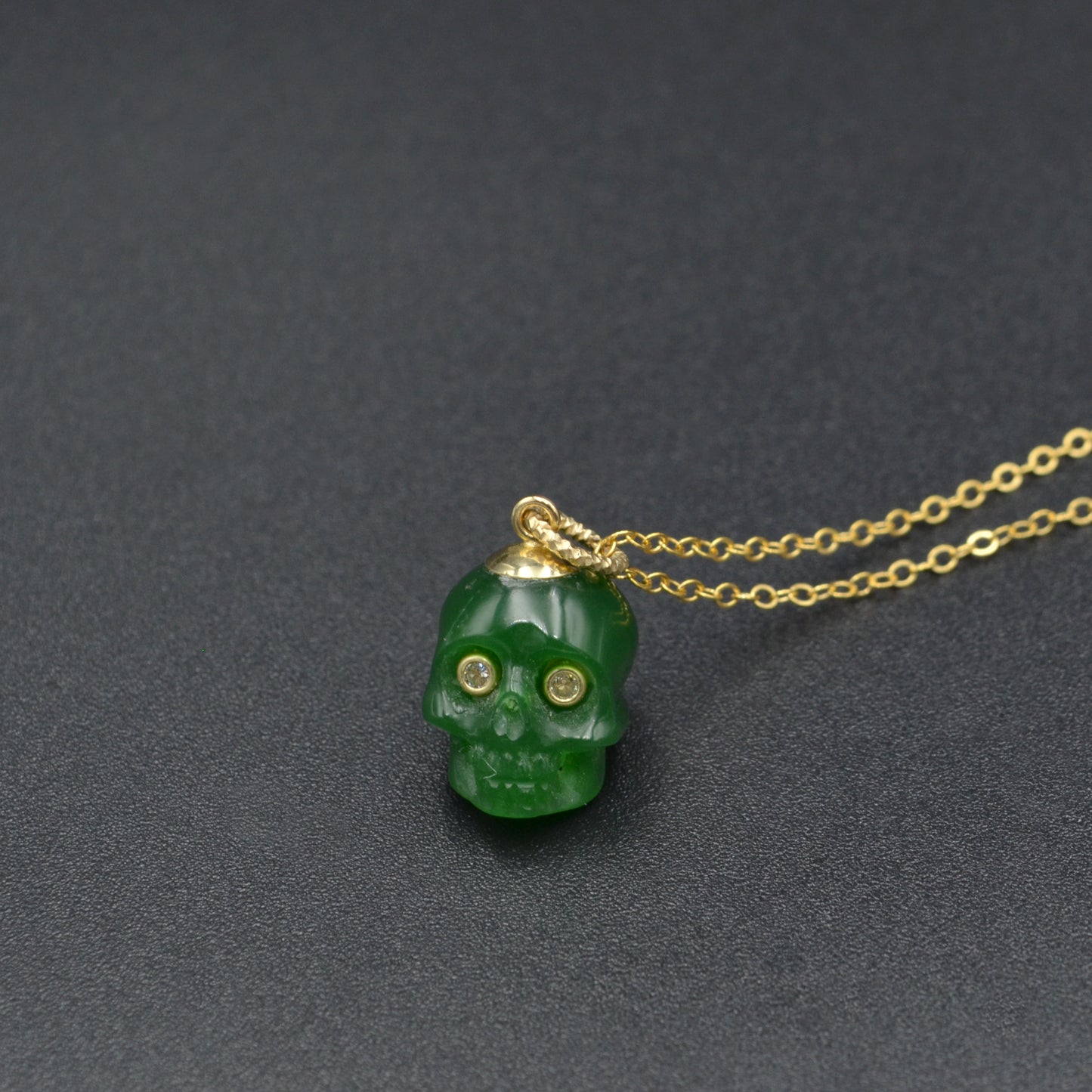 Green Chalcedony and Diamond Skull Necklace