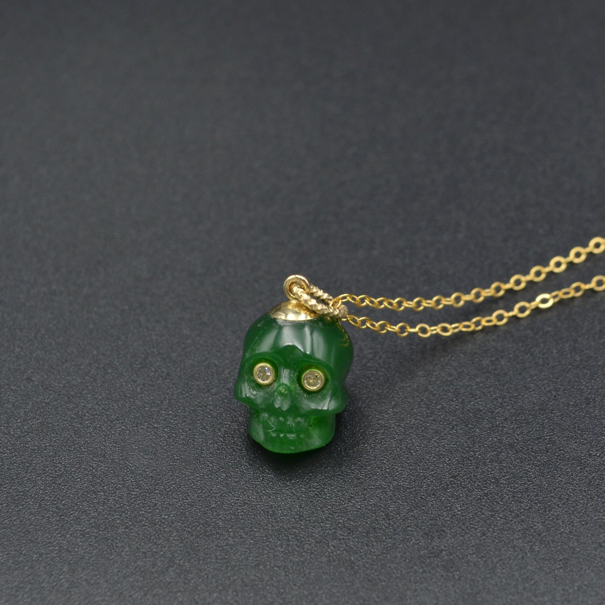 Green Chalcedony and Diamond Skull Necklace