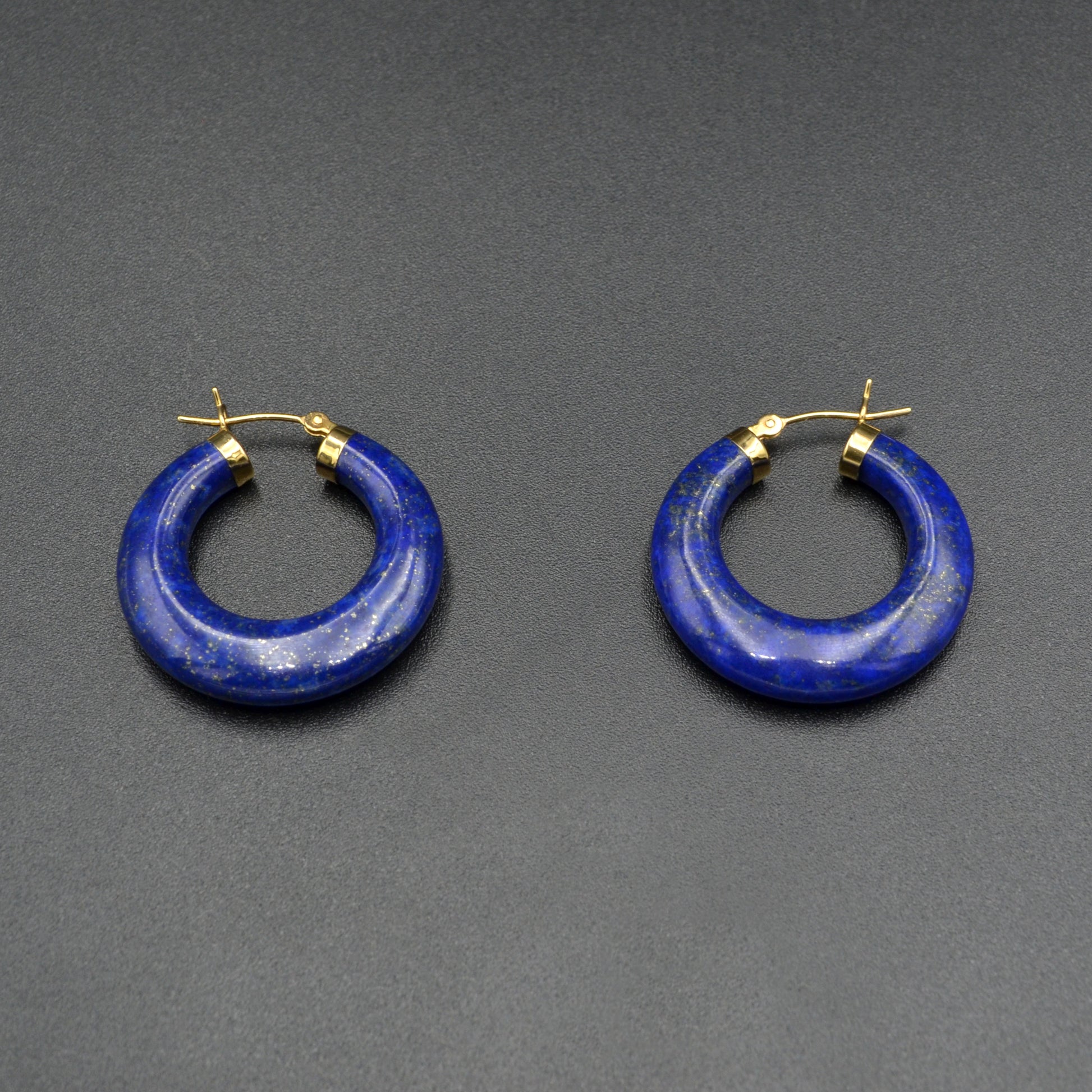 Chunky Lapis Lazuli and 14k Gold Carved Hoop Earrings