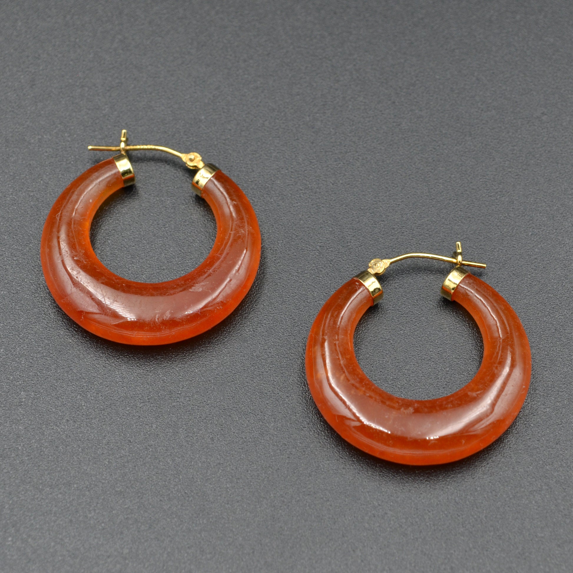 Vintage 14k Carved Orange Jade Hoop Earrings