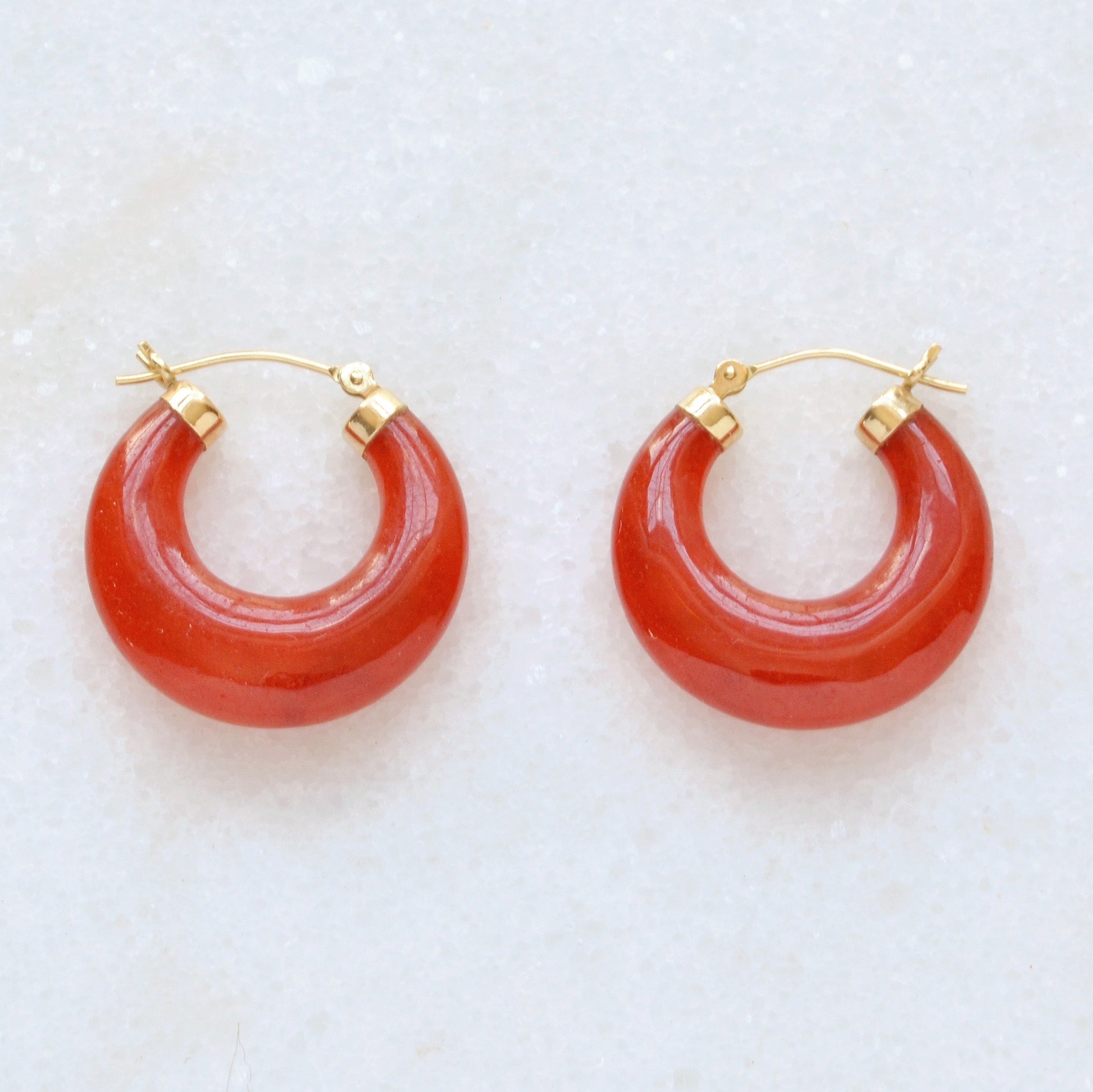 Vintage Chunky Red Jadeite Jade And 14k Gold Hoop Earrings