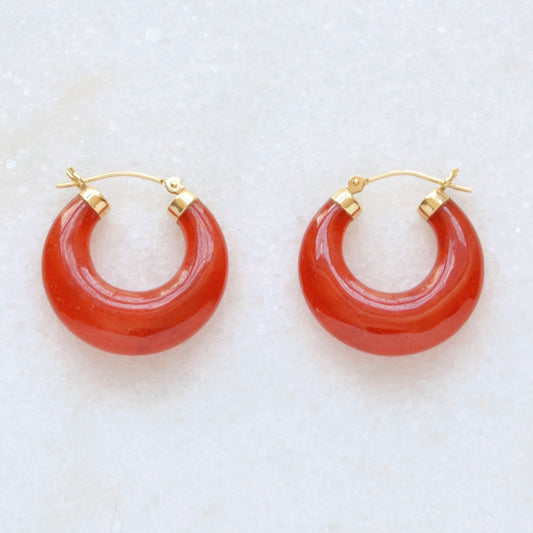 Vintage Chunky Red Jadeite Jade And 14k Gold Hoop Earrings