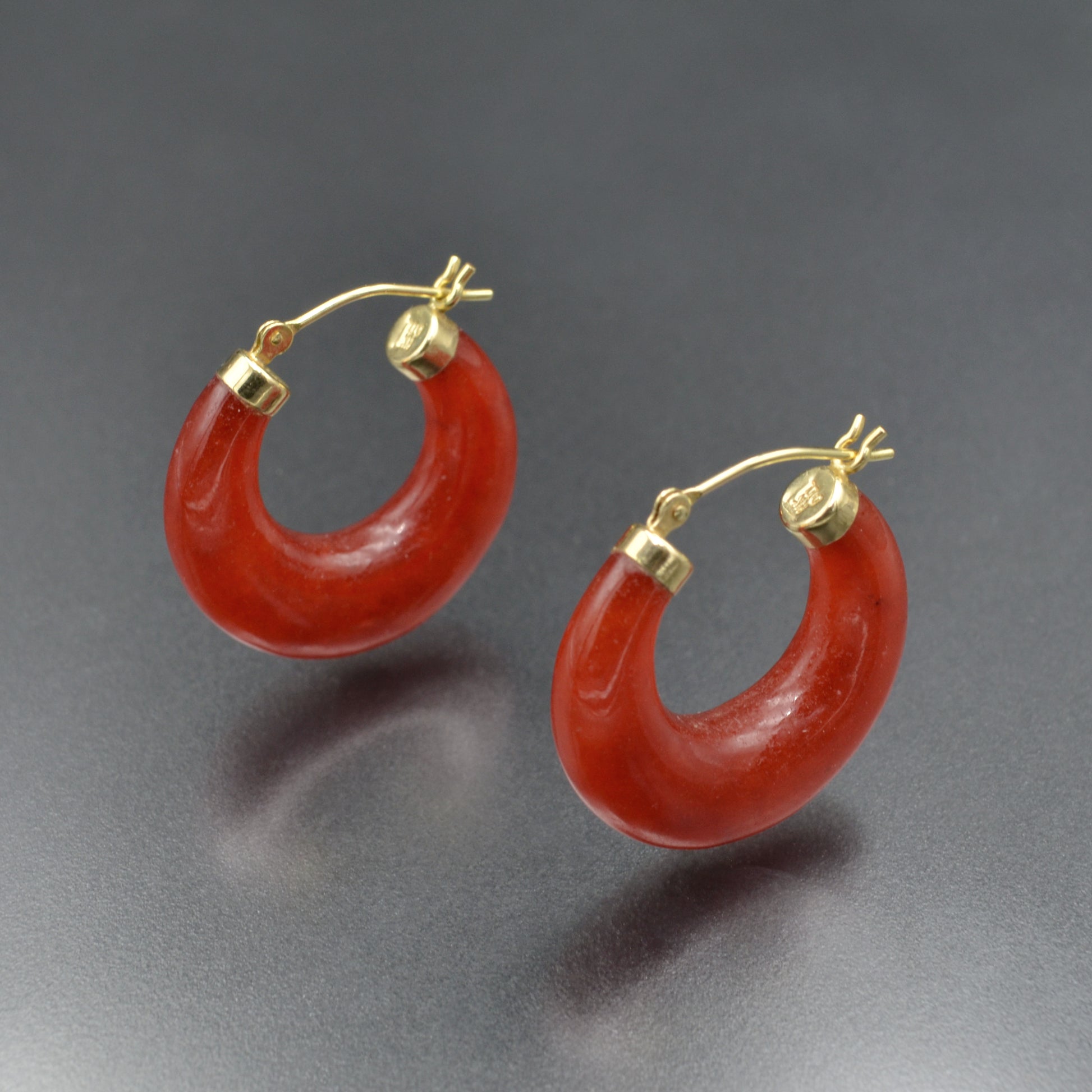 Vintage Chunky Red Jadeite Jade And 14k Gold Hoop Earrings