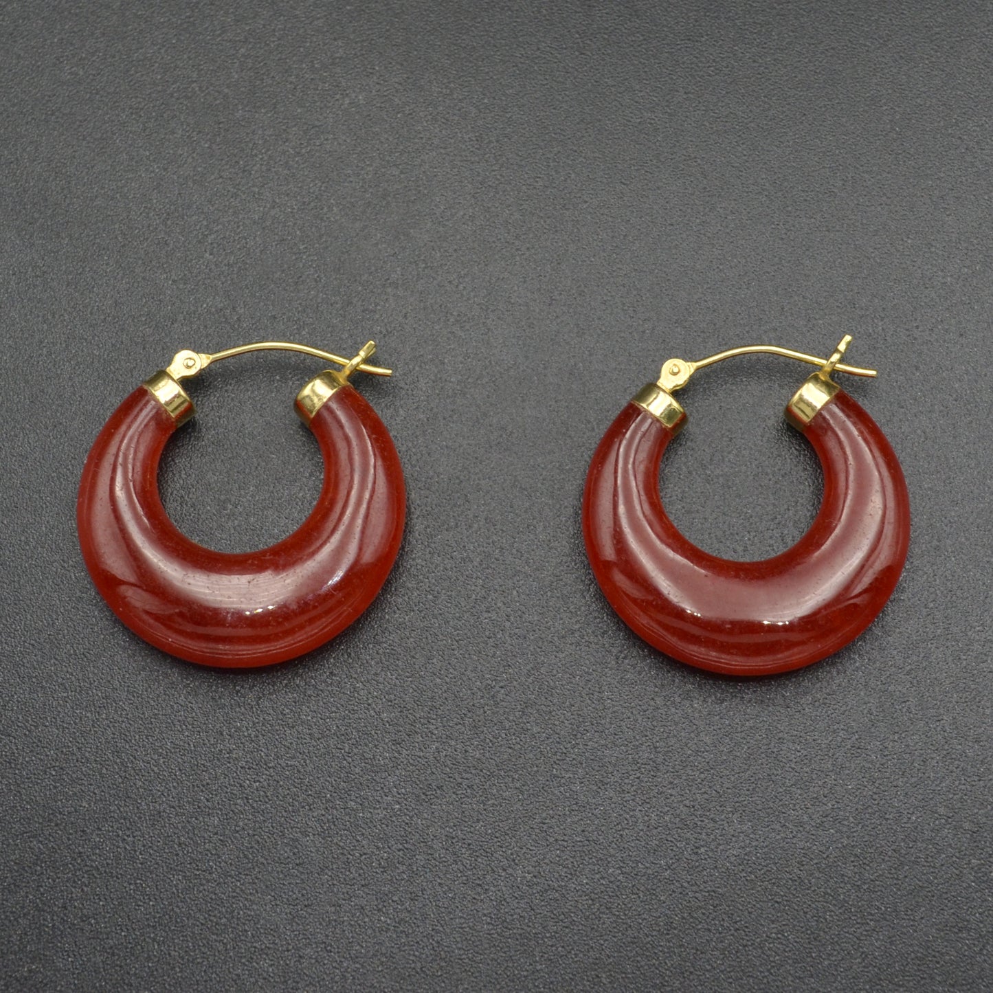 Vintage Chunky Red Jadeite Jade And 14k Gold Hoop Earrings